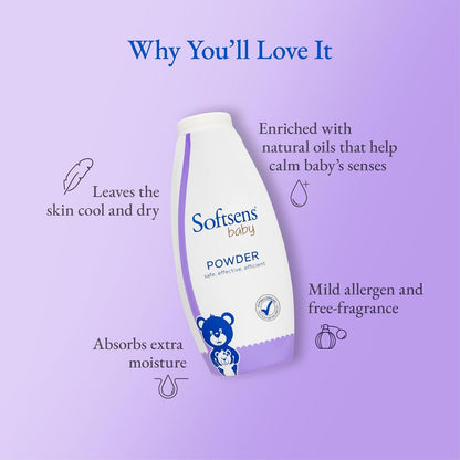 Softsens Baby Powder 200g | Ideal For New Borns and Infants | Mild Scent with Clove Leaf Oil | Absorbs Excess Moisture, Reduces Chafing | Dermatalogically Tested & Paraben, SLS & SLES Free