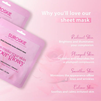 Suroskie Rose Collagen Facial Essence Mask – Korean Brightening Sheet Mask With Real Rose Extract & Anti-Aging Collagen | Intense Hydration, Firming Glow, Radiance Boost For Dull, Dry, Tired Skin