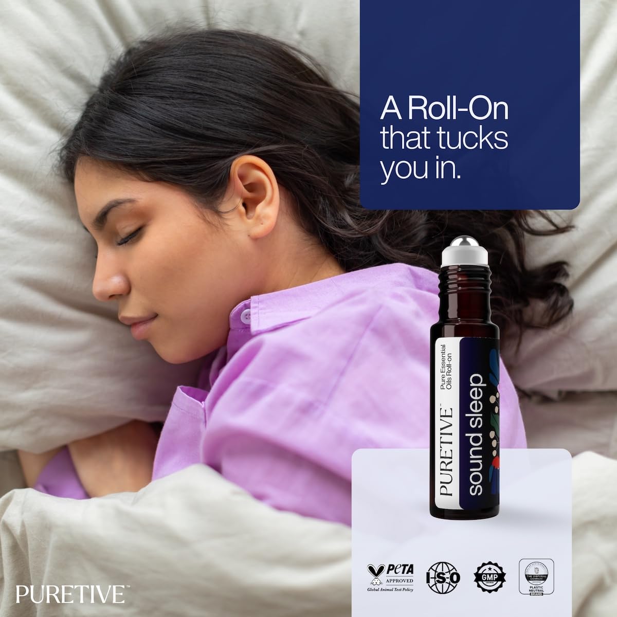 Woman sleeping with a Puretive roll-on product in the foreground