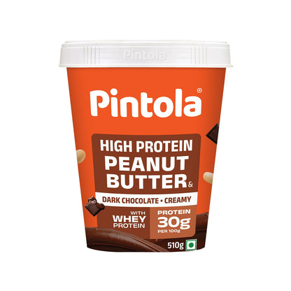 PINTOLA High Protein Peanut Butter Chocolate Flavour Creamy, Added WHEY Protein, 30g Protein 6.2g Fiber, Gluten Free, Zero Trans Fat, Dark Chocolate Peanut Butter Spread, Nut Butter Bread Snacks