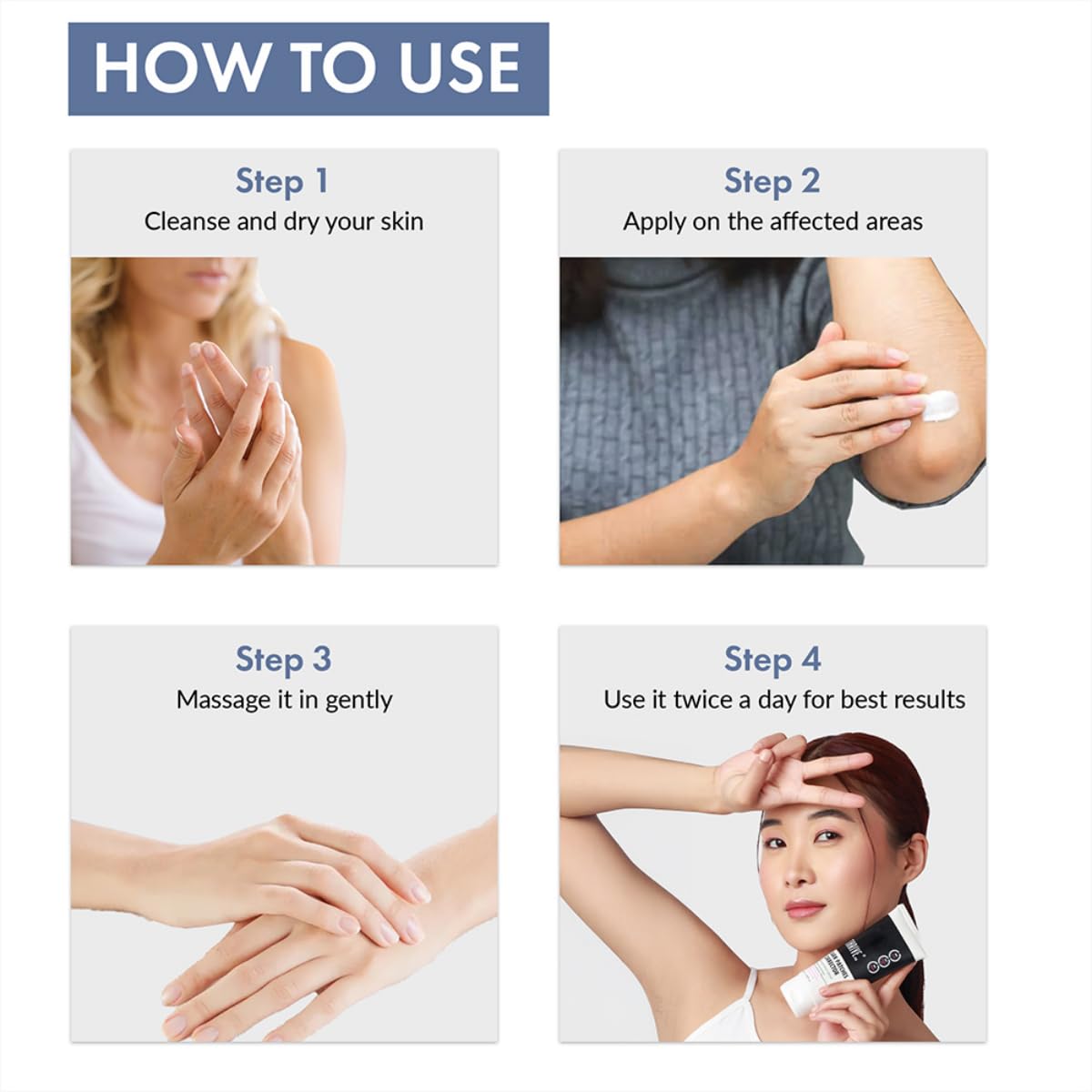 Step-by-step guide on how to use a skincare product with images of hands and a person applying it.