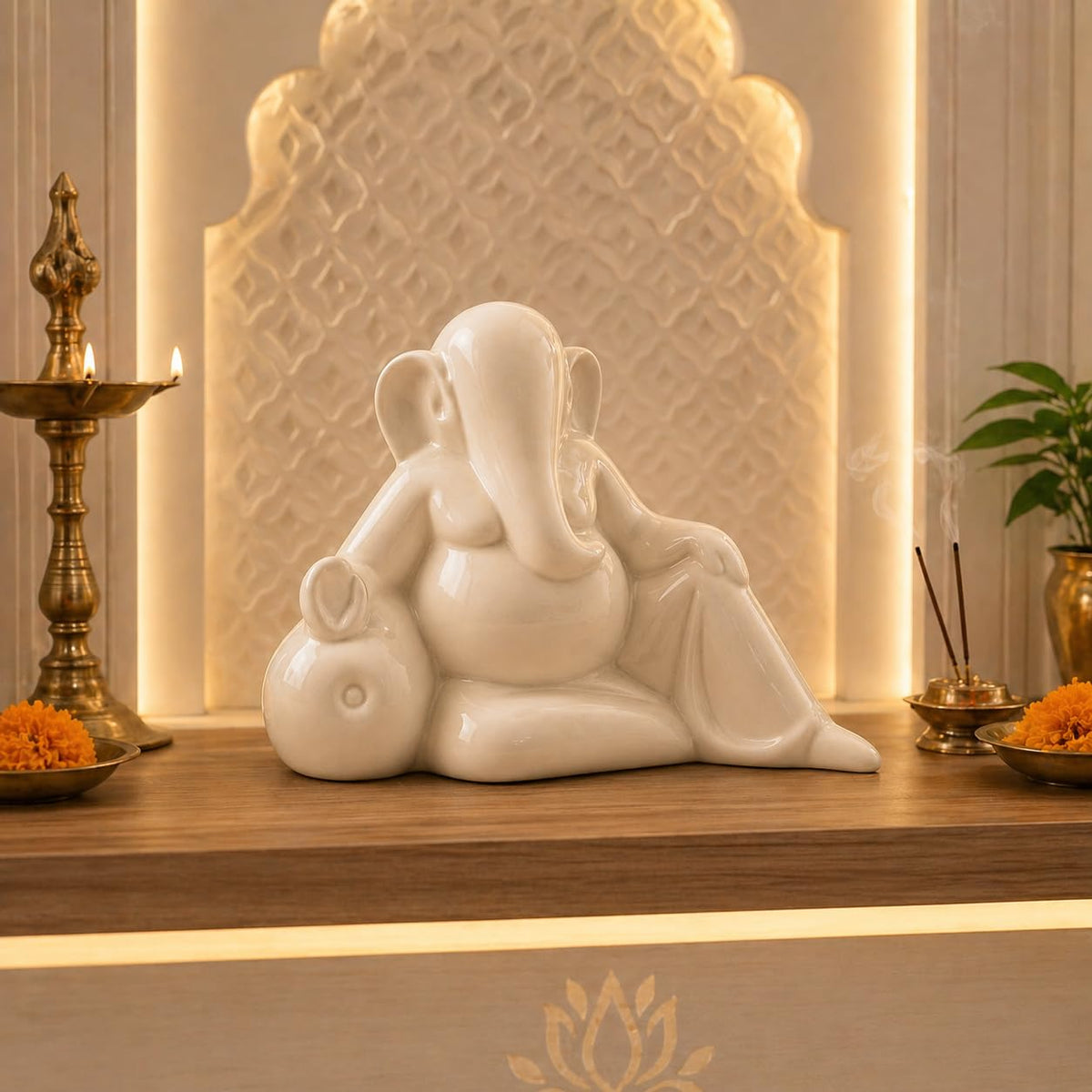 Ceramic Ganesha Idol Rose Shape - 11CM | Decorative Ganesh Ji Murti for Car Dashboard, Home Decor, Figurine Decoration & Pooja
