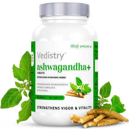 Vedistry Ashwagandha+ Tablets – 60 Tablets | Ayurvedic Tablets for Stamina, Stress, Rejuvenates Mind & Immunity Support with Ashwagandha & Piperine | Natural Supplement for Energy, Vitality, Muscle Recovery & Strength (Pack of 1)