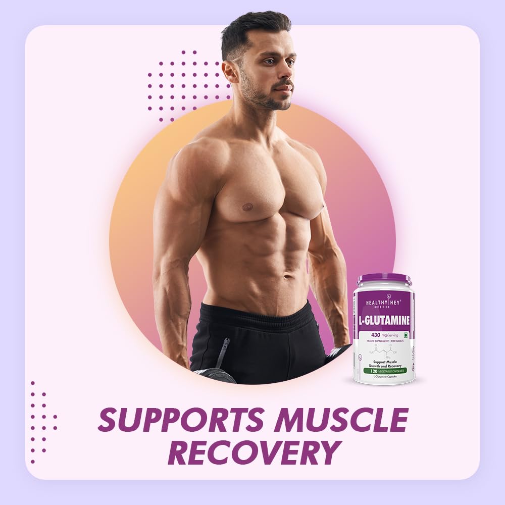 Muscular man with a supplement bottle labeled 'L-Glutamine' on a gradient background