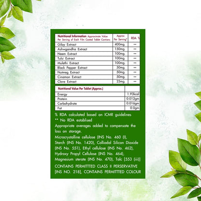 Nutritional information label on a green background with leaves