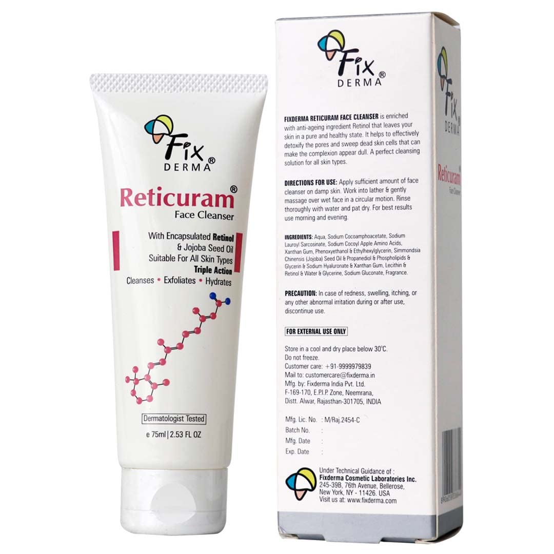 Fixderma 0.05% Retinol Reticuram Face Cleanser for All Skin Types, Anti Ageing, Retinol Face Cleanser, Regulates Sebum Production, Deep Pore Cleansing, Soap Free face wash with jojoba oil - 75ml