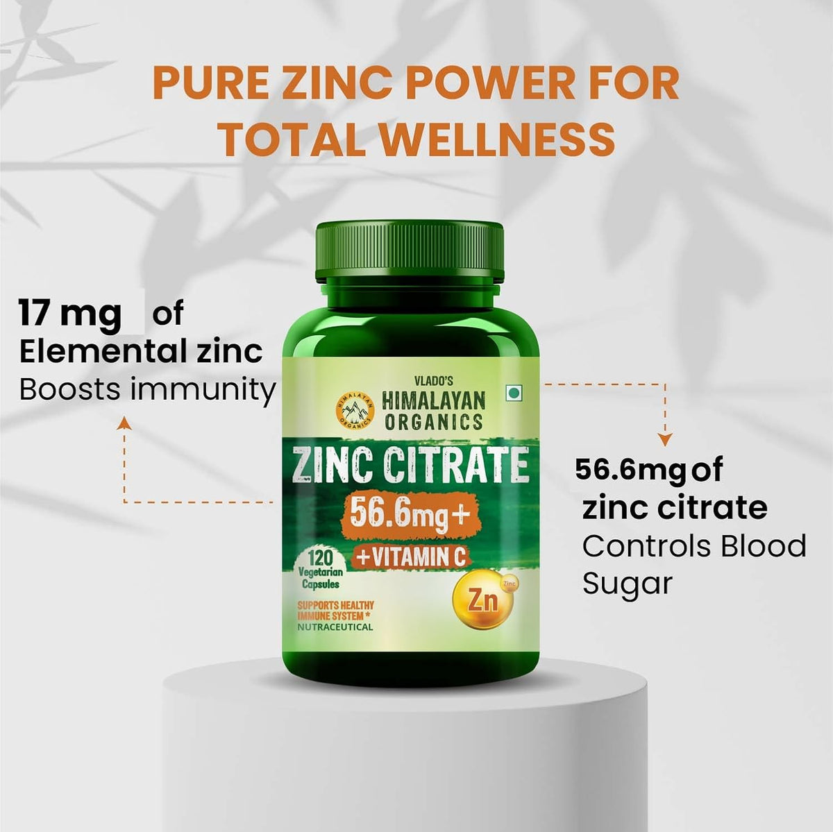 Vlado’s Himalayan Organics Zinc Citrate with Vitamin C | Zinc Supplements for Men & women with 100% RDA Zinc | Immunity & Cellular Health Support - Support Healthy Immune Function | Improve Iron Absorption | Antioxidant Support - 120 Tablets