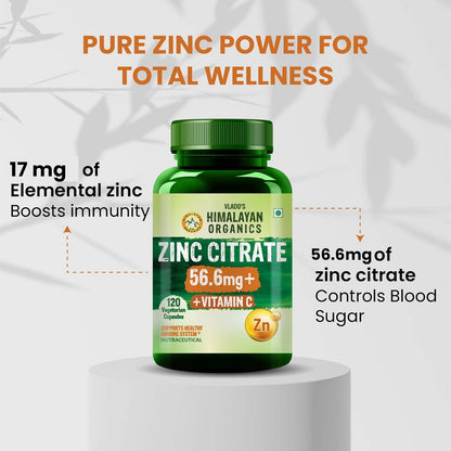 Vlado’s Himalayan Organics Zinc Citrate with Vitamin C | Zinc Supplements for Men & women with 100% RDA Zinc | Immunity & Cellular Health Support - Support Healthy Immune Function | Improve Iron Absorption | Antioxidant Support - 120 Tablets