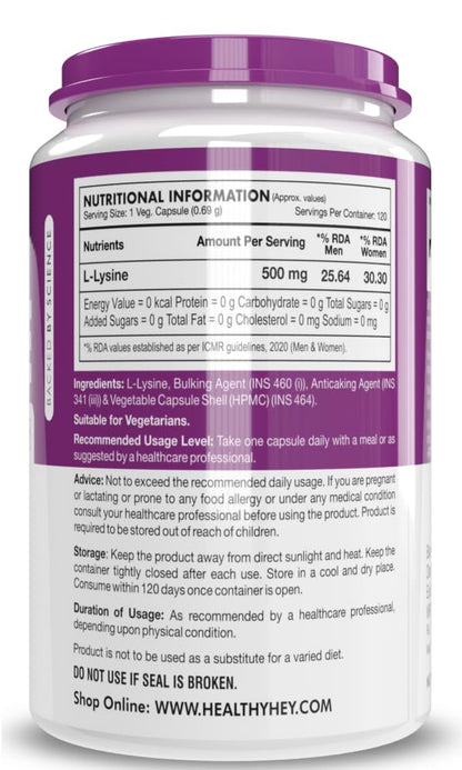 Nutritional information label on a supplement container with a purple lid.