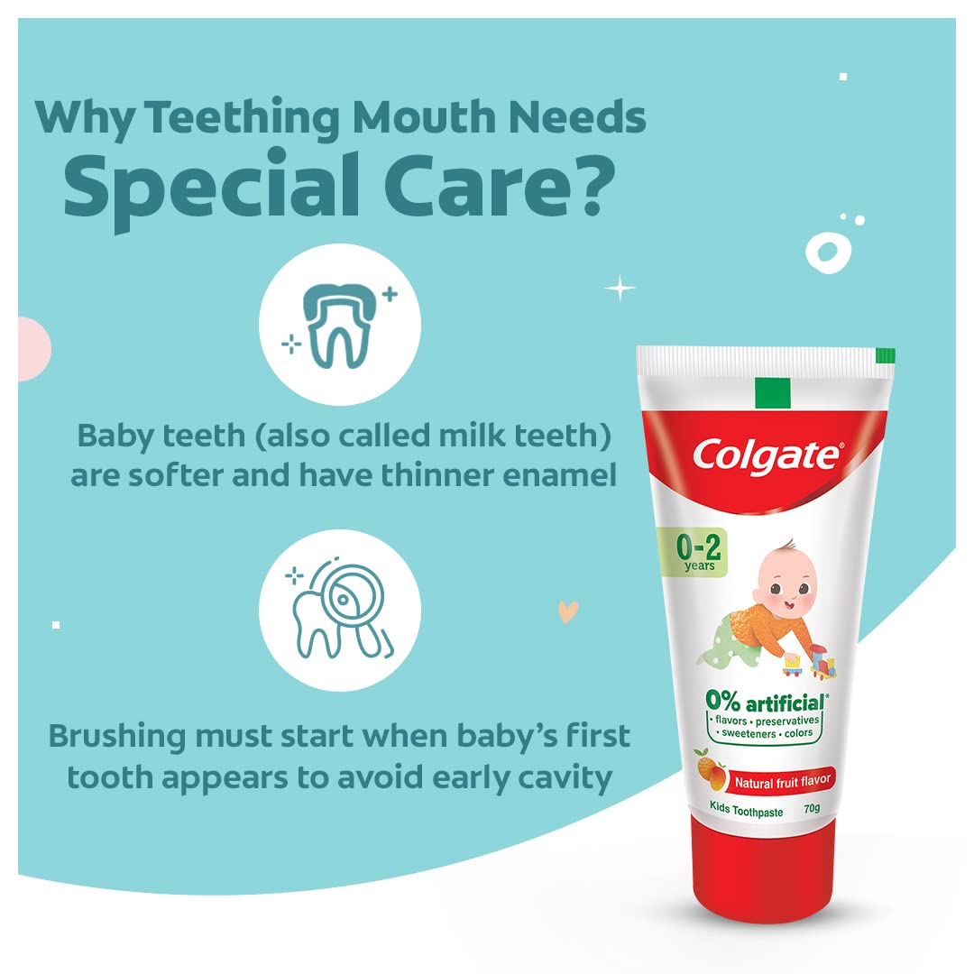 Colgate Toothpaste For Kids Cavity Protection (0-2 Years), Natural Fruit Flavour Tooth Paste, Sls & Fluoride Free - 70G Tube (Pack of 2)