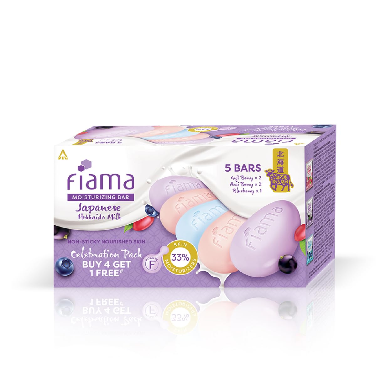 Fiama Skin Barrier Strengthening Moisturizing Soap Bar 125gx5, Japanese Hokkaido Milk Celebration Pack of 5, Non-Sticky Soft Skin | 1/3rd Moisturizers | Blueberry, Goji Berry & Acai Berry Combo pack