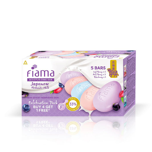 Fiama Skin Barrier Strengthening Moisturizing Soap Bar 125gx5, Japanese Hokkaido Milk Celebration Pack of 5, Non-Sticky Soft Skin | 1/3rd Moisturizers | Blueberry, Goji Berry & Acai Berry Combo pack