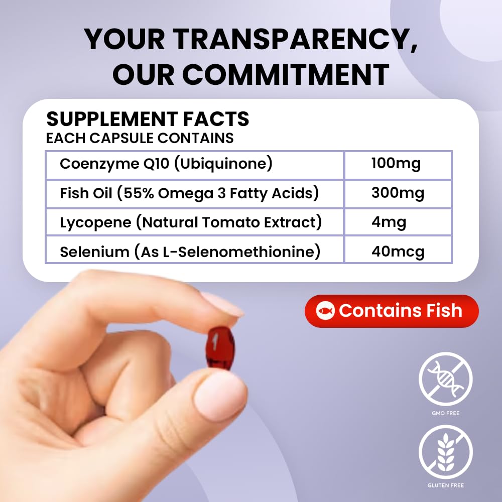 Supplement capsule with label detailing ingredients and facts, held by a hand against a light purple background.