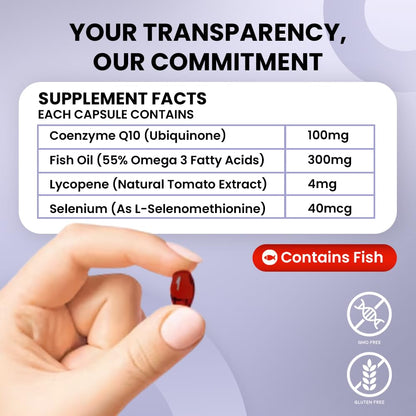 Supplement capsule with label detailing ingredients and facts, held by a hand against a light purple background.