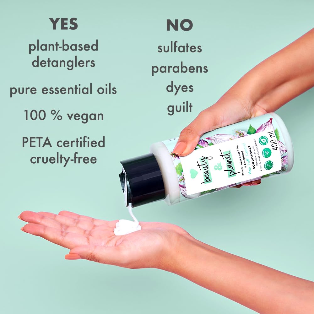 Hand holding a plant-based detangler bottle with text highlighting benefits on a light green background