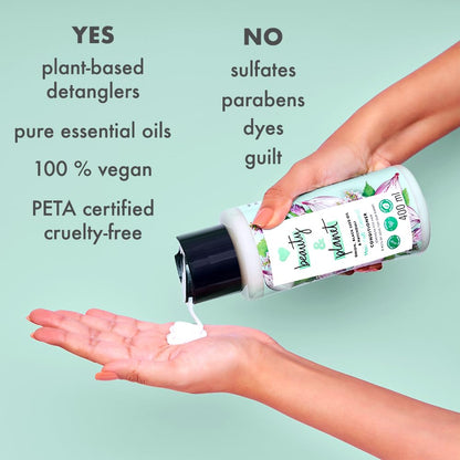 Hand holding a plant-based detangler bottle with text highlighting benefits on a light green background