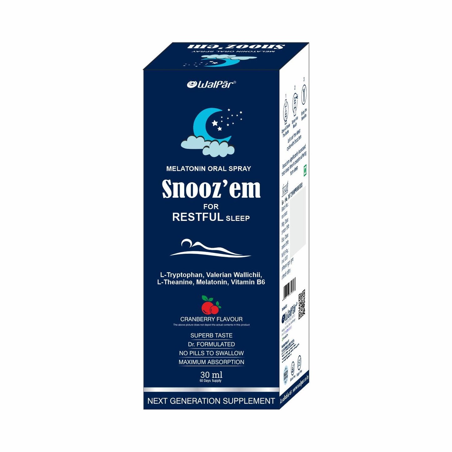 WALPAR Snooz’em Melatonin 3mg Sleep Spray with Vitamin B6 Supplement, Non Habit Sleeping Aid Drops Cranberry Flavour - 30ml
