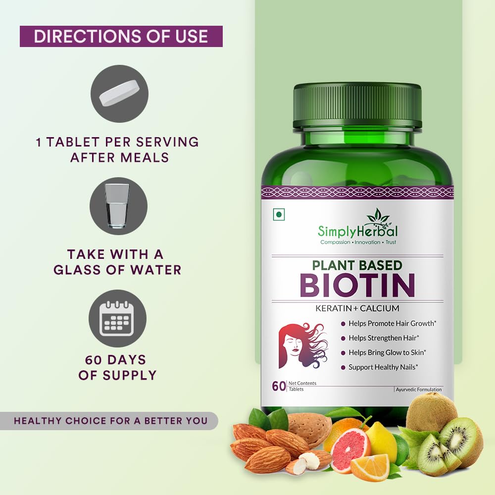 Bottle of Simply Herbal Plant Based Biotin supplement with directions and health benefits on a green background.