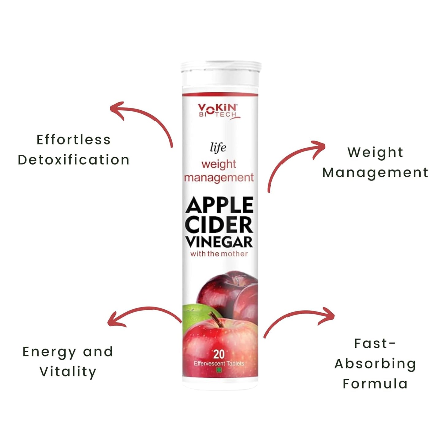 Yokin Biotech apple cider vinegar supplement tube with health benefits on a white background