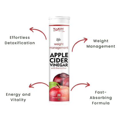 Yokin Biotech apple cider vinegar supplement tube with health benefits on a white background
