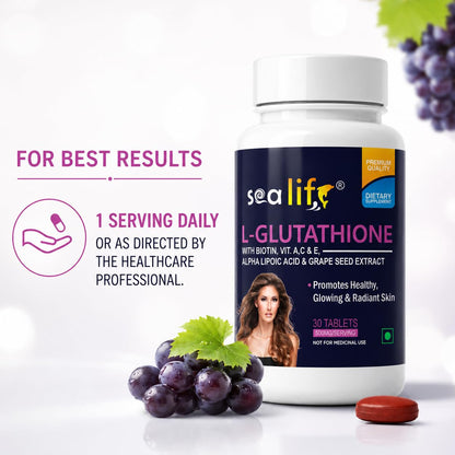 Sea Life Glutathione Tablets With Biotin, Vitamin A, C, E, Alpha Lipoic Acid, and Grape Seed Extract | for Healthy & Radiant Skin for Men & Women 30 Tablets