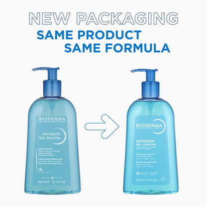 Two bottles of Bioderma Atoderm Gel Douche with a blue arrow pointing from one to the other, indicating new packaging.