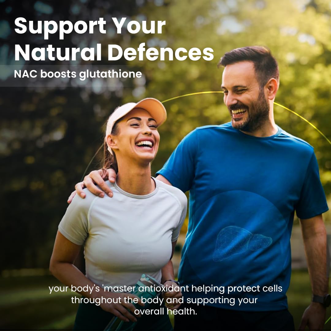 Man and woman outdoors with text about NAC boosting glutathione for natural defenses.