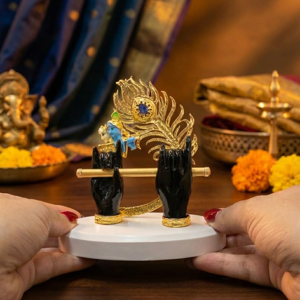 Gold Plated Lord Krishna Hands Idol with Face, Flute & Peacock Feather for Car Dashboard | Statue for House Warming Gifting | Decorative Items for Home & Office (Black - 4.5 inch)