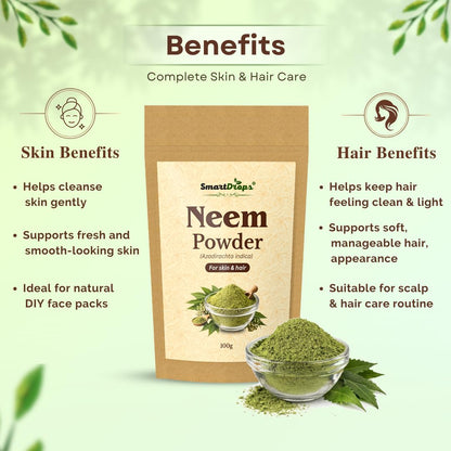 Smartdrops Neem Powder for Hair Scalp Care and Hair Pack Preparation DIY Hair Mask Mixing Powder for Weekly Routine | Neem Powder for Skin Face Pack Preparation Refreshing Skin Care | 100g (Pack-1)