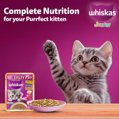 Whiskas Tasty Mix Kitten (2-12 Months) Wet Cat Food, Chicken, Tuna with Sweet Potato in Gravy, 70 g, 100% Complete & Balanced Nutrition for Kittens