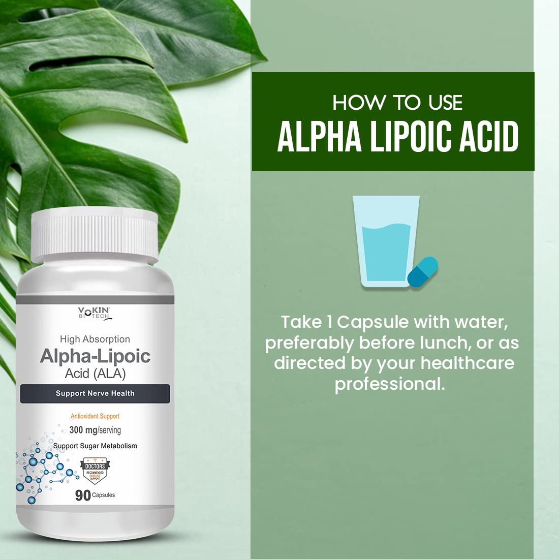 Alpha Lipoic Acid supplement bottle with usage instructions on a green background