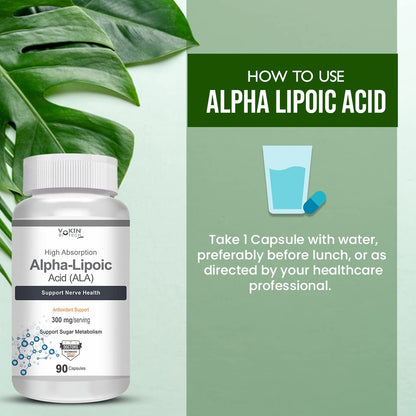 Alpha Lipoic Acid supplement bottle with usage instructions on a green background