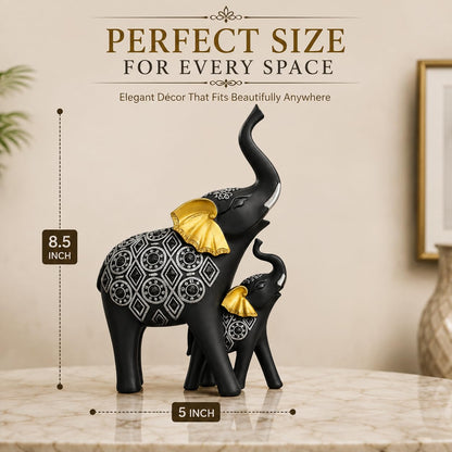 Black Elephant Figurines Showpiece with Silver Carving & Golden Ears | Decorative Resin Elephant Statue on Wooden Base | Good Luck Home Décor Gift for Living Room | Office & Festivals
