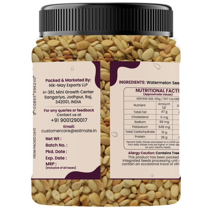 Eatmate Roasted & Salted Watermelon Seeds | High Protein Magaj & Tarbuj Beej | Magnesium, Iron & Potassium Rich Healthy Snack | Natural Vegetarian Seeds for Eating, Baking & Cooking