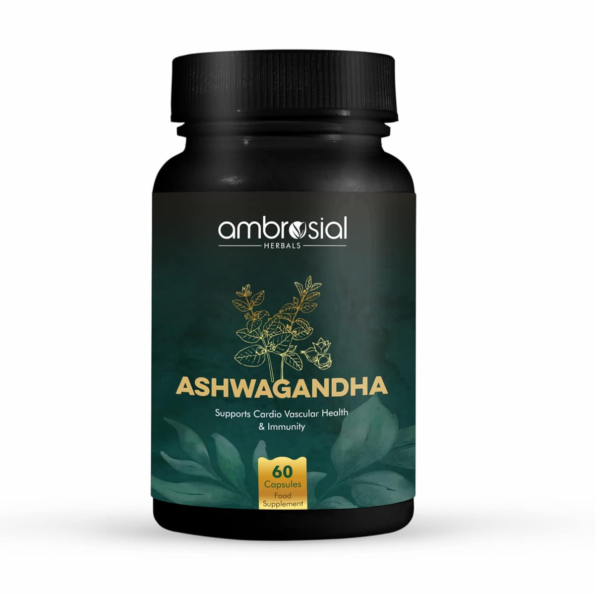 Black bottle of Ambrosial Ashwagandha supplement on a white background