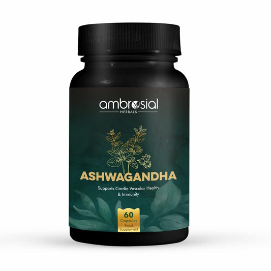 Black bottle of Ambrosial Ashwagandha supplement on a white background