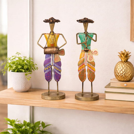 CraftVatika Handpainted Iron Standing Musician Set of 2 Playing Musical Instrument Figurine Showpiece for Home Decor, Multicolor (13.5 Inches Height)