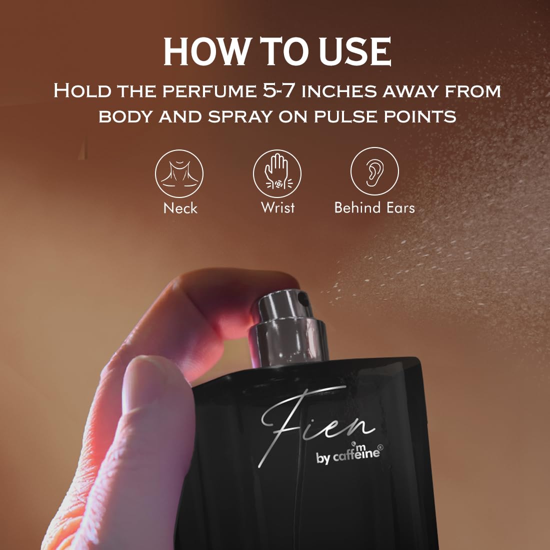 Perfume bottle with spray being applied and usage instructions on a brown background