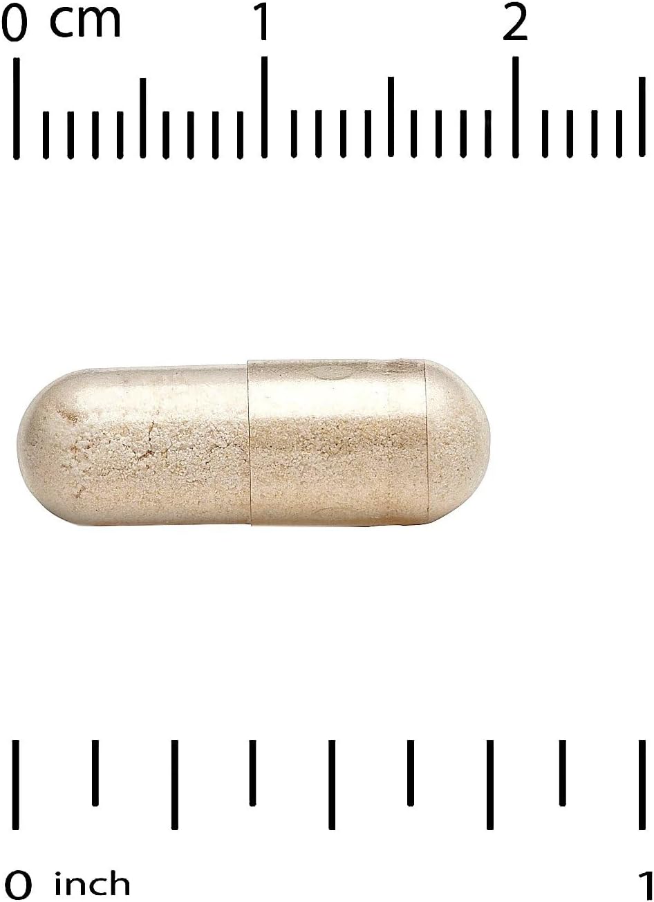 Gold capsule pill with a ruler for scale on a white background