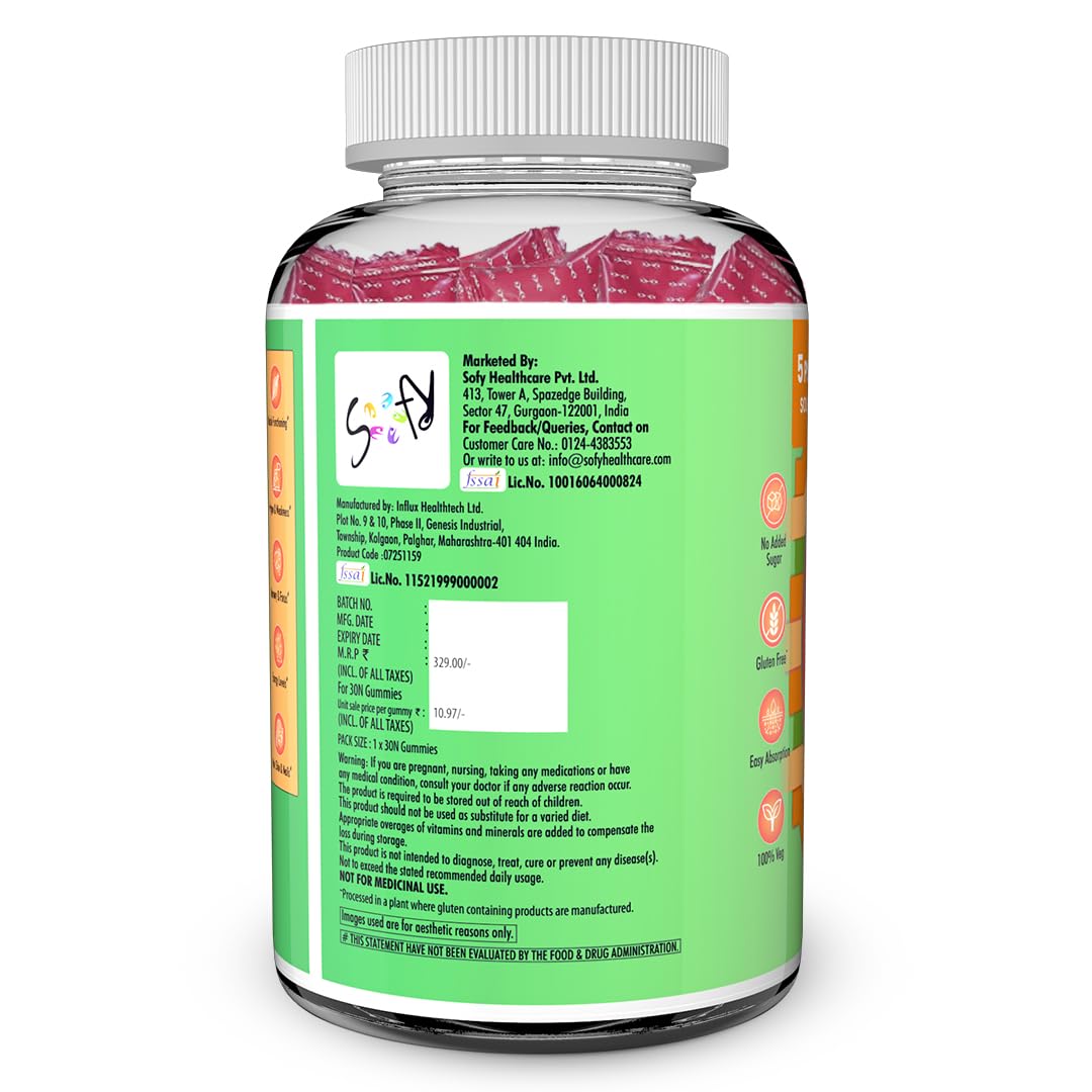 Bottle of colorful gummy bears with a green label on a white background