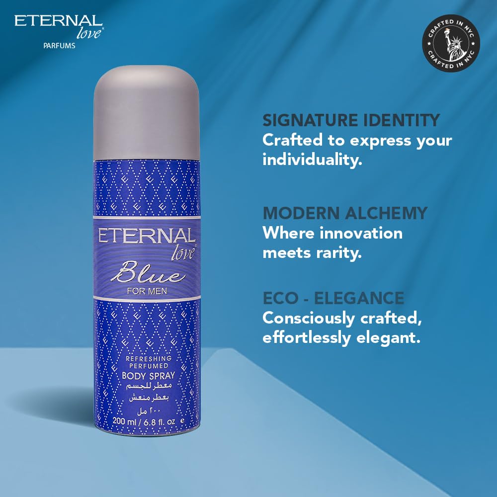 Body spray can with 'Eternal Love' branding on a blue background