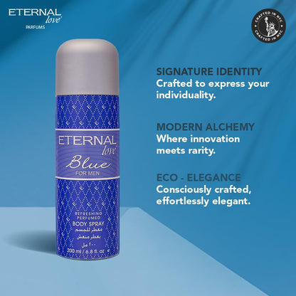 Body spray can with 'Eternal Love' branding on a blue background