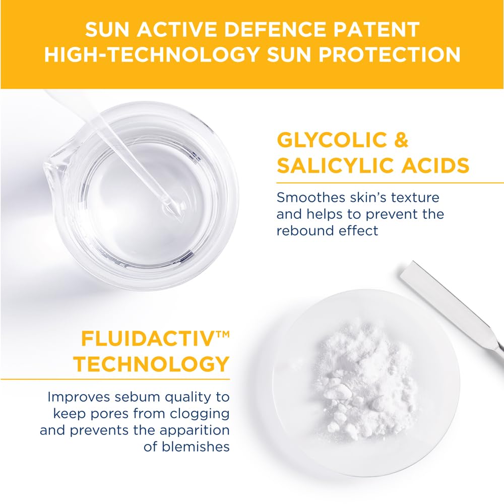 Cosmetic product with text highlighting sun active defense, high-technology sun protection, glycolic and salicylic acids, and Fluidactiv technology.