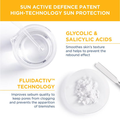 Cosmetic product with text highlighting sun active defense, high-technology sun protection, glycolic and salicylic acids, and Fluidactiv technology.