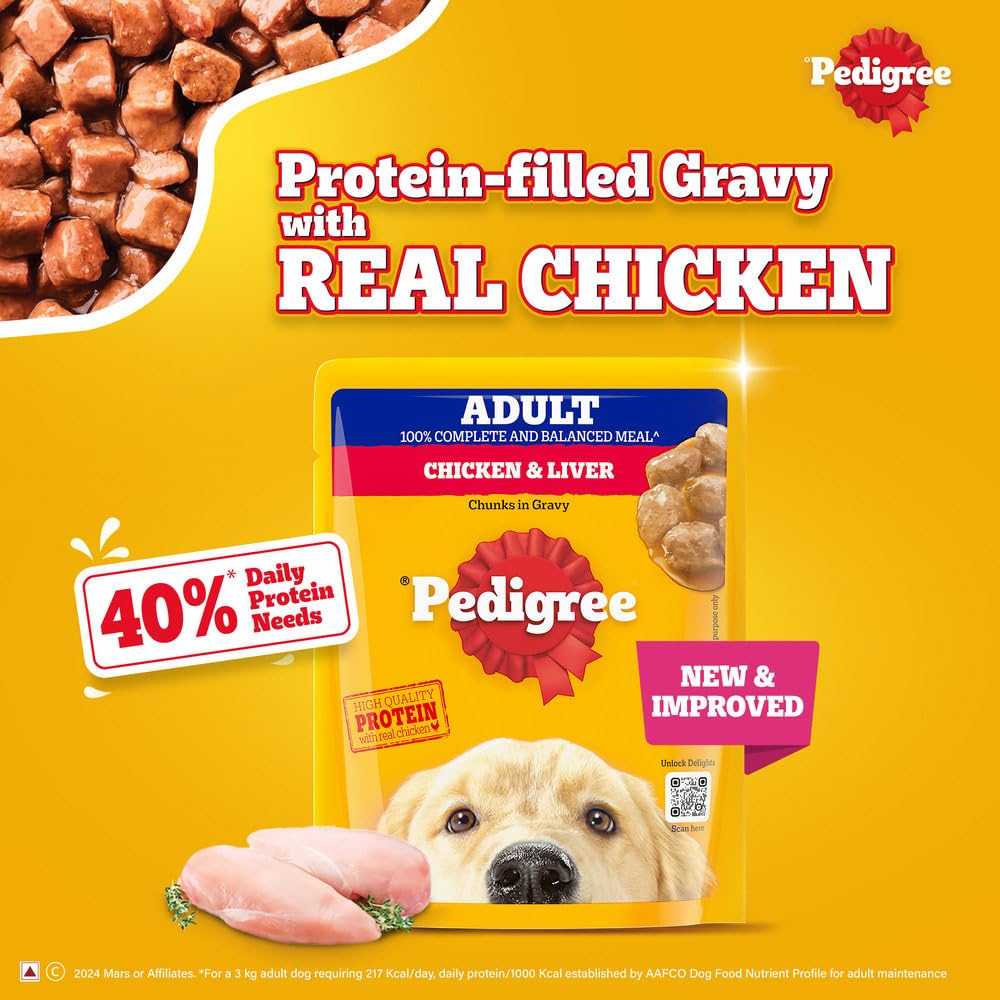 Pedigree Adult Wet Dog Food, Chicken & Liver Chunks in Gravy, 70 g, Complete & Balanced Meal for Adult Dogs