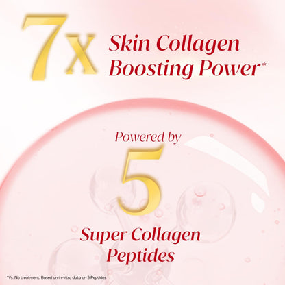 Advertisement for a skincare product with text about skin collagen boosting power and super collagen peptides.