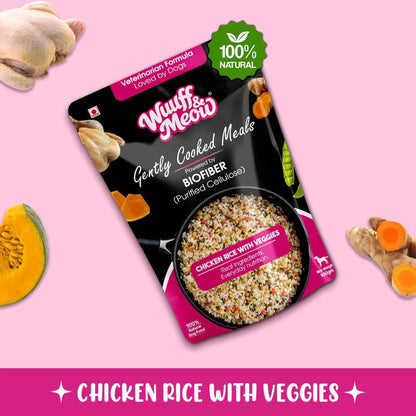 Wuuff & Meow Gently Cooked Wet Dog Food – Chicken, Rice & Vegetables | High Protein, Grain Free, Complete & Balanced Homestyle Dog Meal | Powered by BIOFIBER™ with Arbocel® | 100g