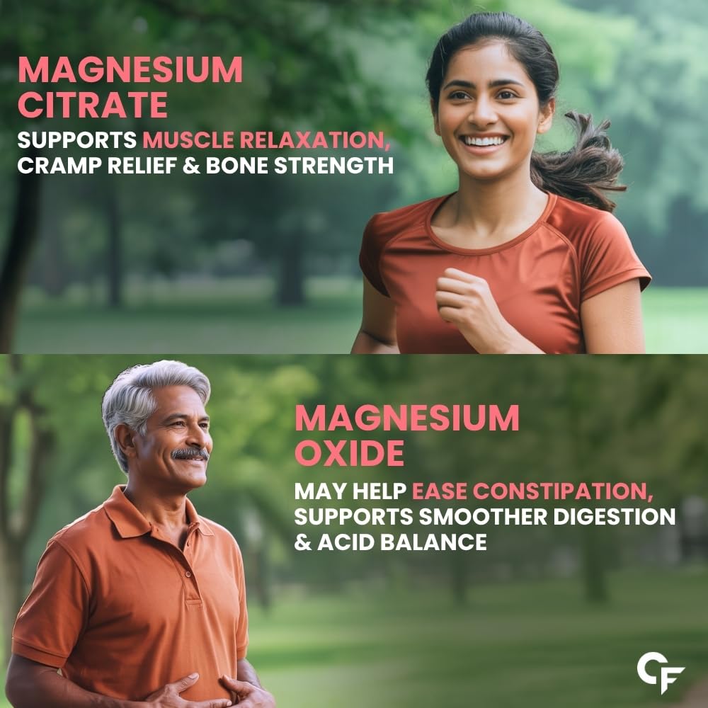 Advertisement for magnesium citrate and oxide with a woman and man outdoors.