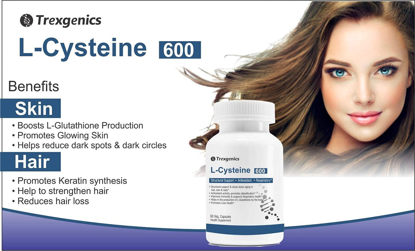 Trexegenics L-Cysteine 600 supplement bottle with a woman's face and product benefits listed.