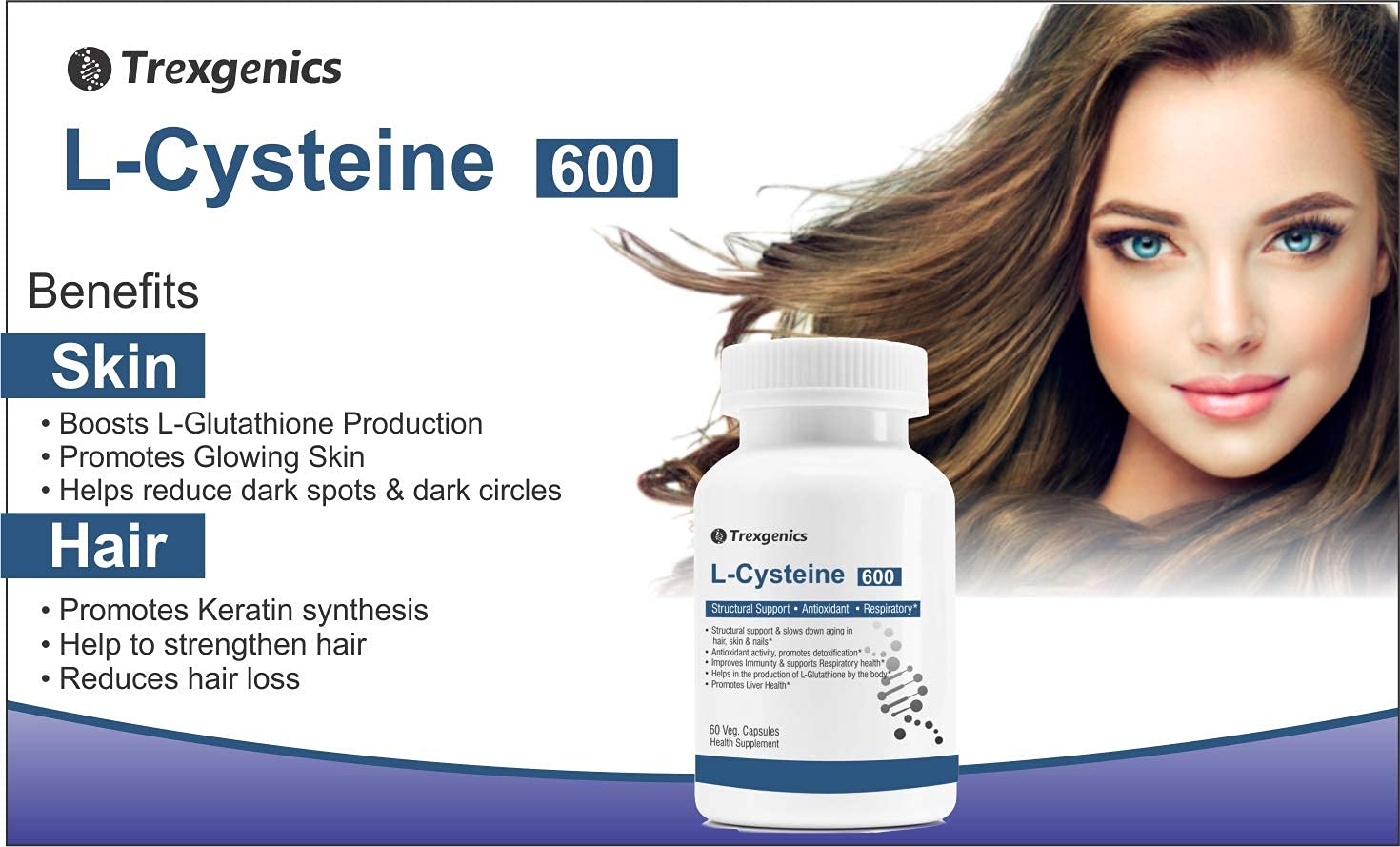 Trexegenics L-Cysteine 600 supplement bottle with a woman's face and product benefits listed.